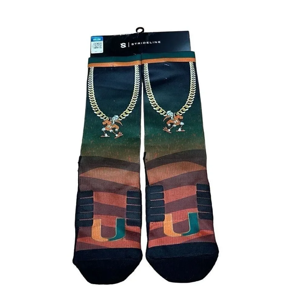 Strideline Mens Miami Hurricanes Chain Crew Socks, Green, One Size